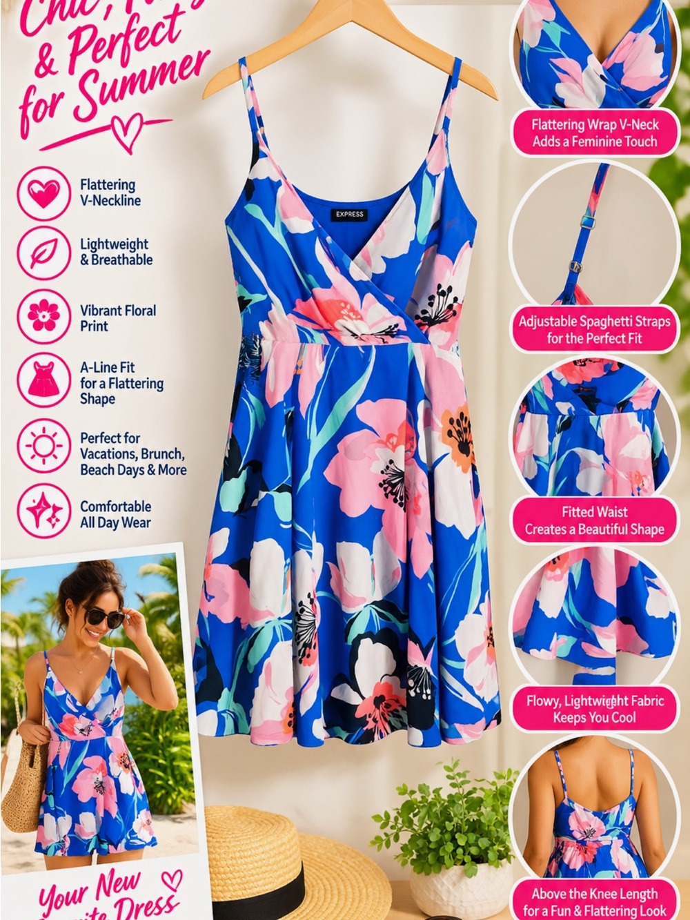 Express Blue Floral Sundress with Pink & White Blooms